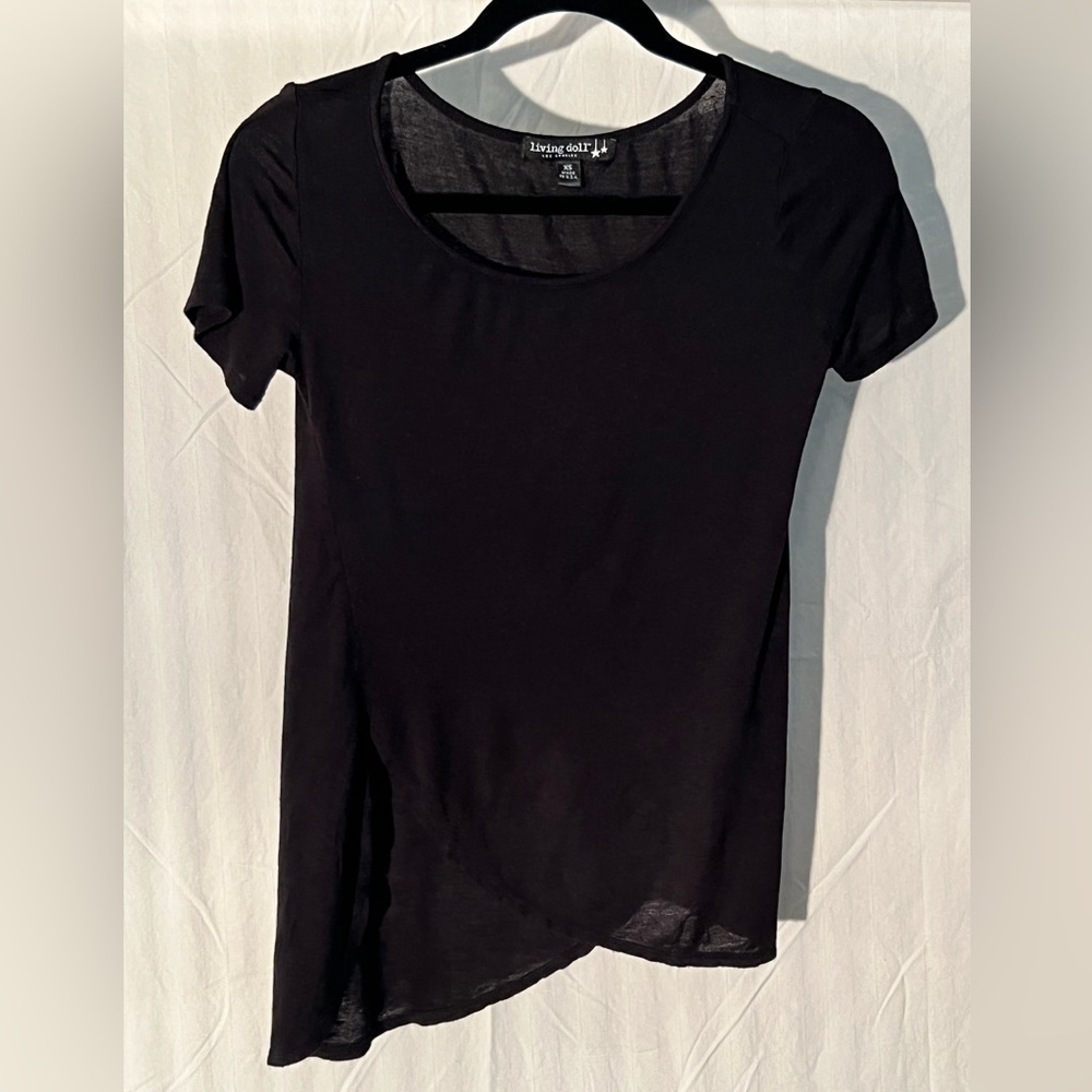 Black T-shirt with asymmetrical hem.  Black Size XS by Living Doll.  EUC